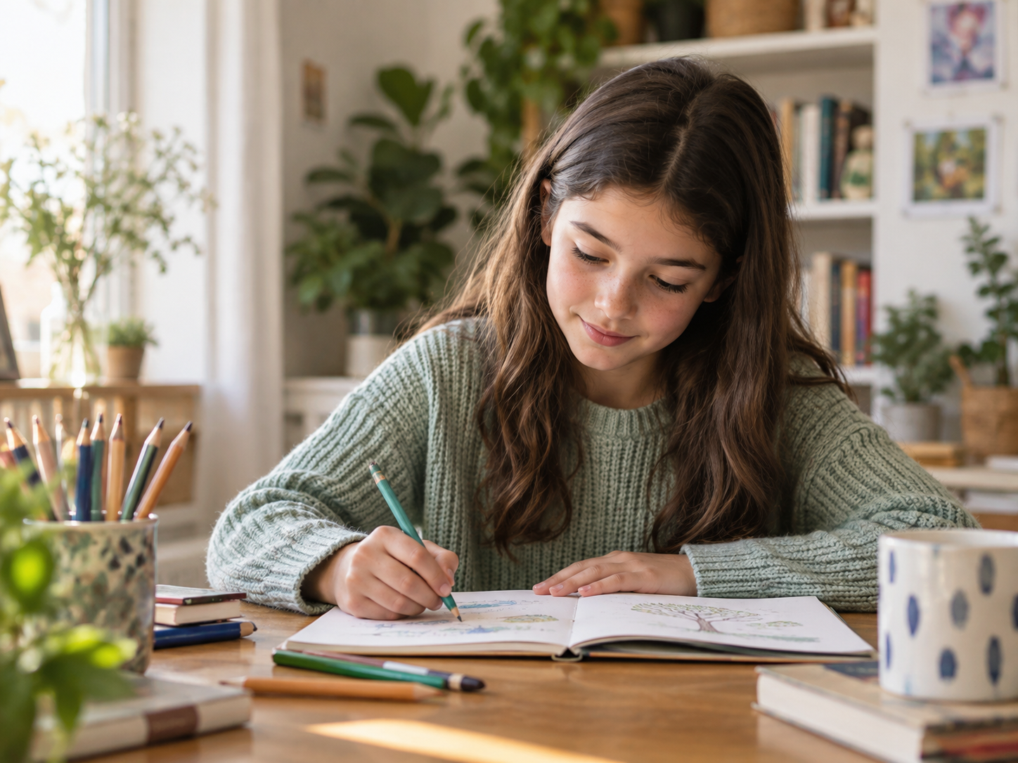 Illustrative image of a young person concentrating on creative learning in a calm space